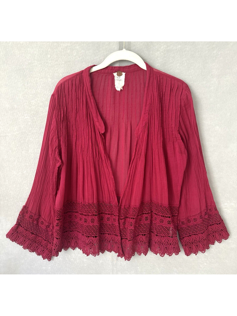 Free People Cardigan, S, Magenta Lace Gauzy sheer boho Lslve open shrug  FP One